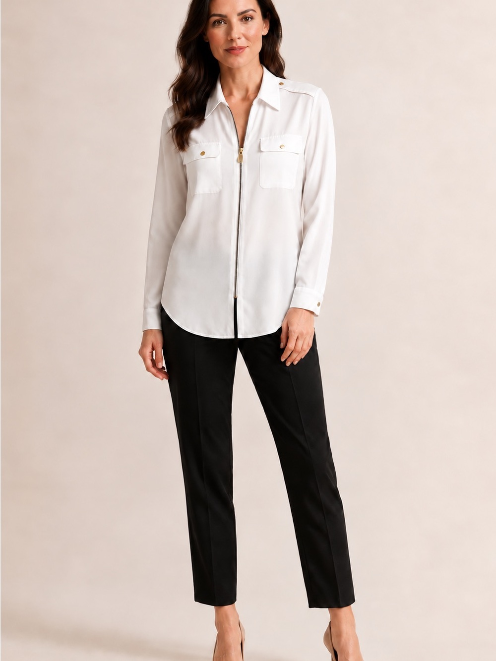 MICHAEL Michael Kors white zip-front utility blouse in women’s size M.